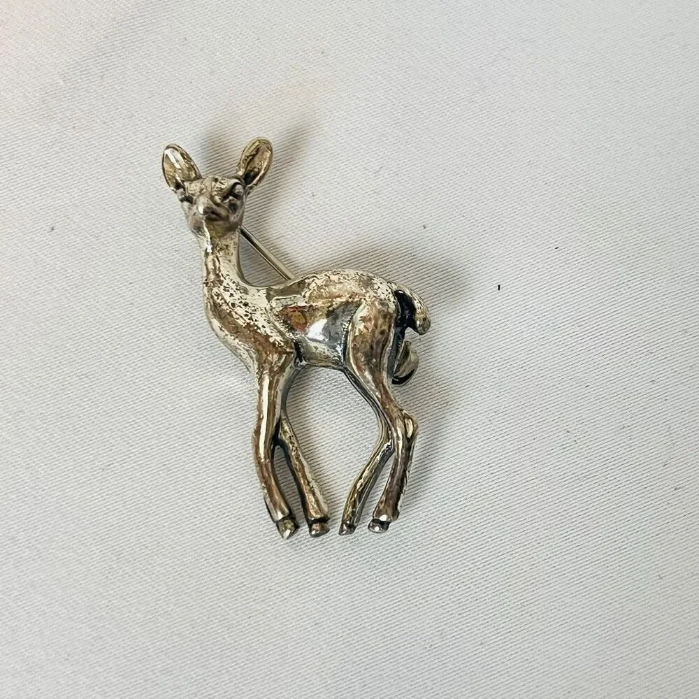 Vintage Sterling Silver Deer Fawn Brooch Figural Modernist Pin